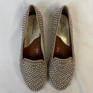 Ros Hommerson Octavia Tan Suede Flats /Rhinestone and Silver‎ Embellishments